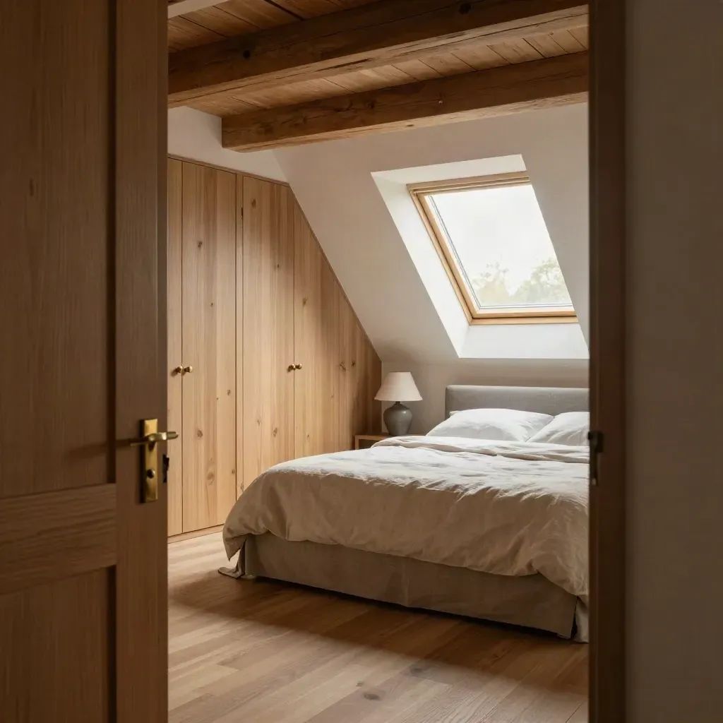 Finished loft bedroom with dormer window, oak wardrobes and a made bed in soft morning light.