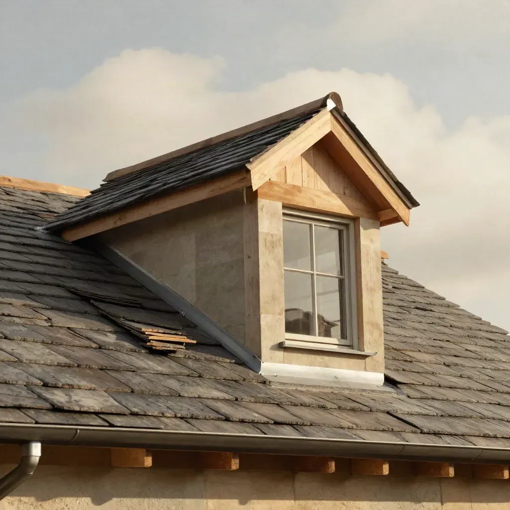Rear dormer clad in timber and slate on a roofline, caught in soft late-afternoon light.