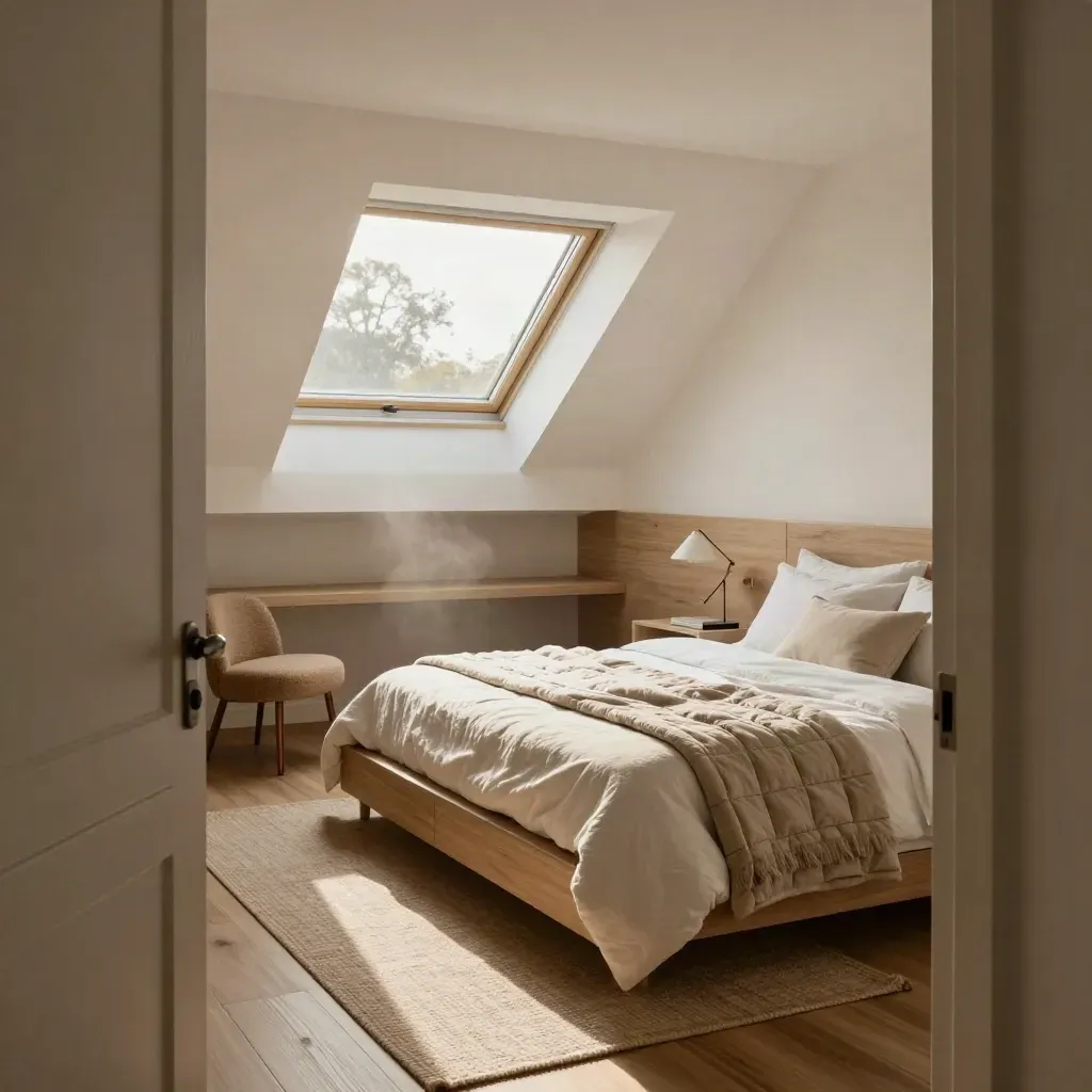 Sunlit loft bedroom with dormer window, oak storage, bed, and reading chair