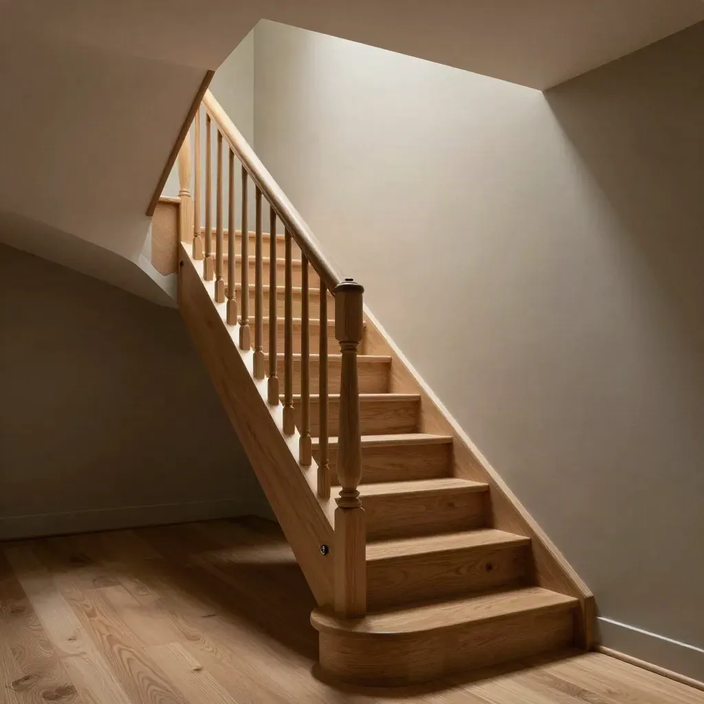 Oak loft staircase turning under the roof, seen from below with warm haze and plastered landing opening.