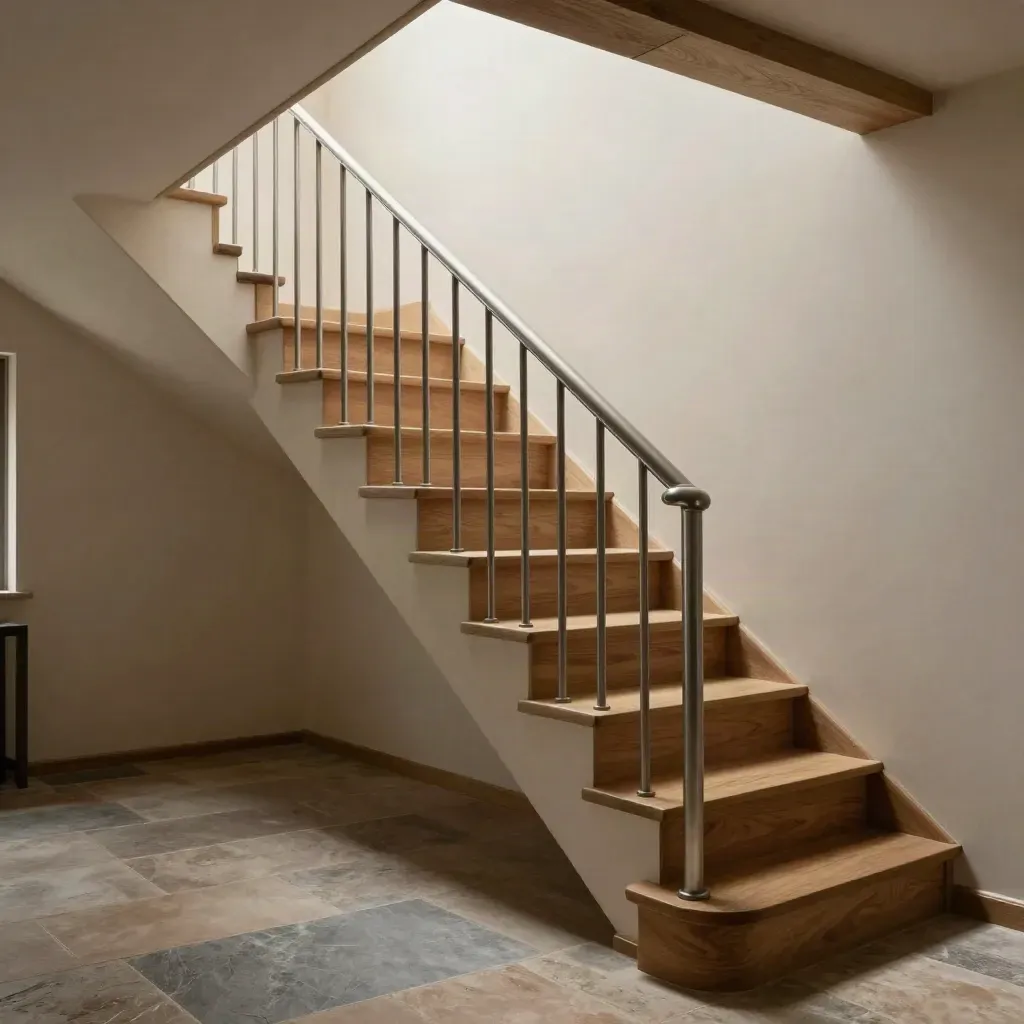 Oak staircase threads a narrow hall and open landing beneath a sloping attic roof.