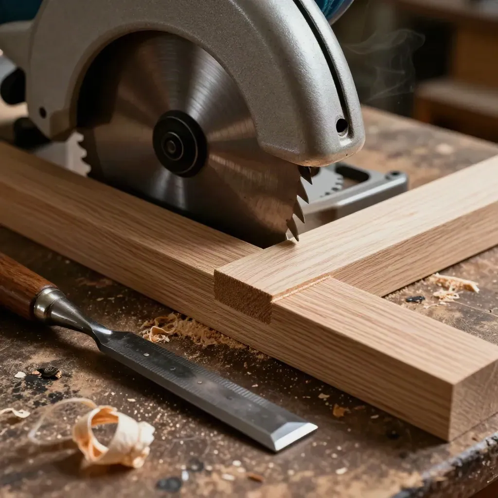 Joinery tools and oak offcut on a bench, lit dramatically with shavings drifting